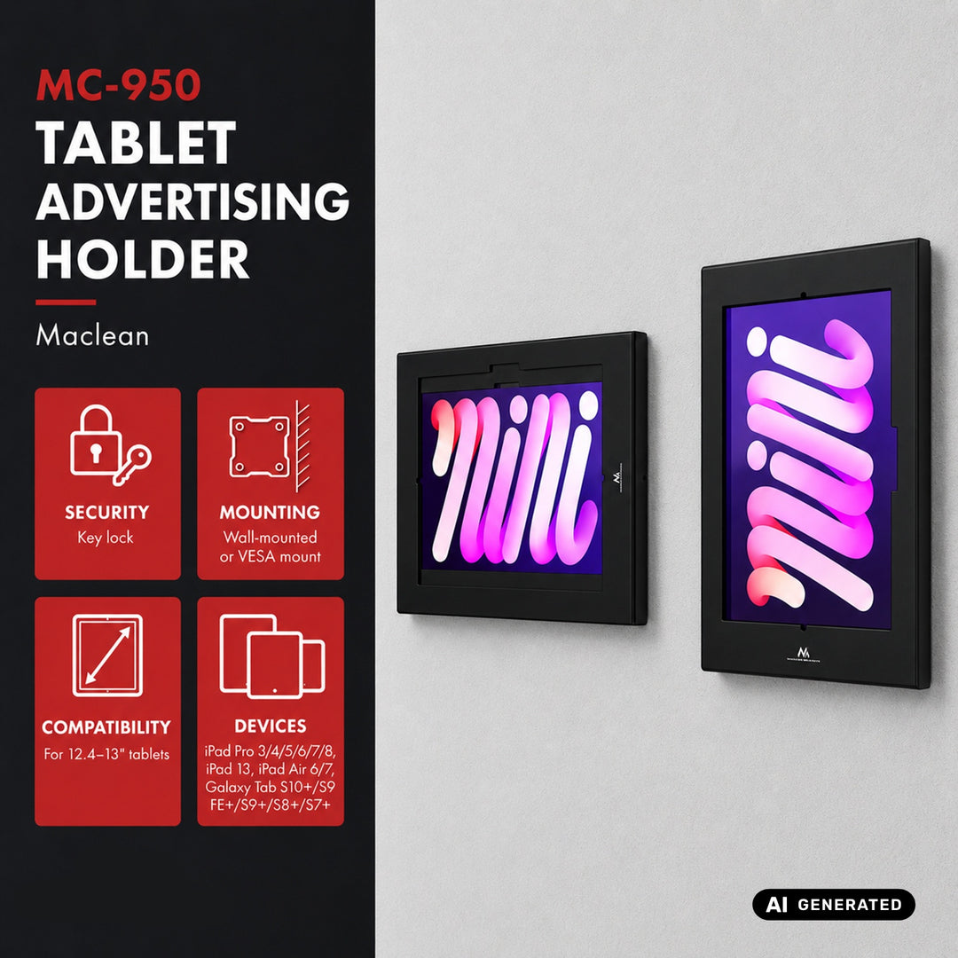 Reklamný držiak na tablet Maclean, s aretáciou, 12,4" – 13", iPad Air/Pro, Samsung Tab S10+/S9+/S8+/S7+, 257 × 350 × 22 mm, MC-950 B