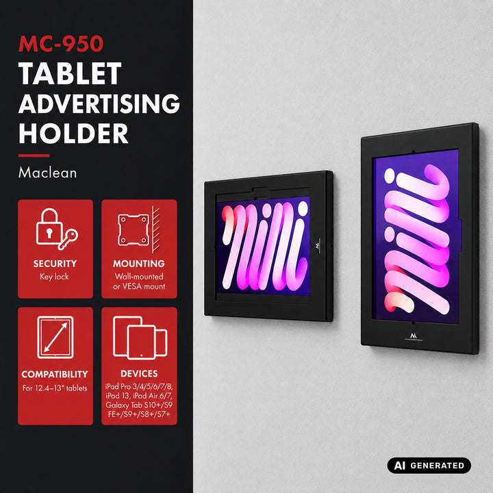 Reklamný držiak na tablet Maclean, s aretáciou, 12,4" – 13", iPad Air/Pro, Samsung Tab S10+/S9+/S8+/S7+, 257 × 350 × 22 mm, MC-950 B
