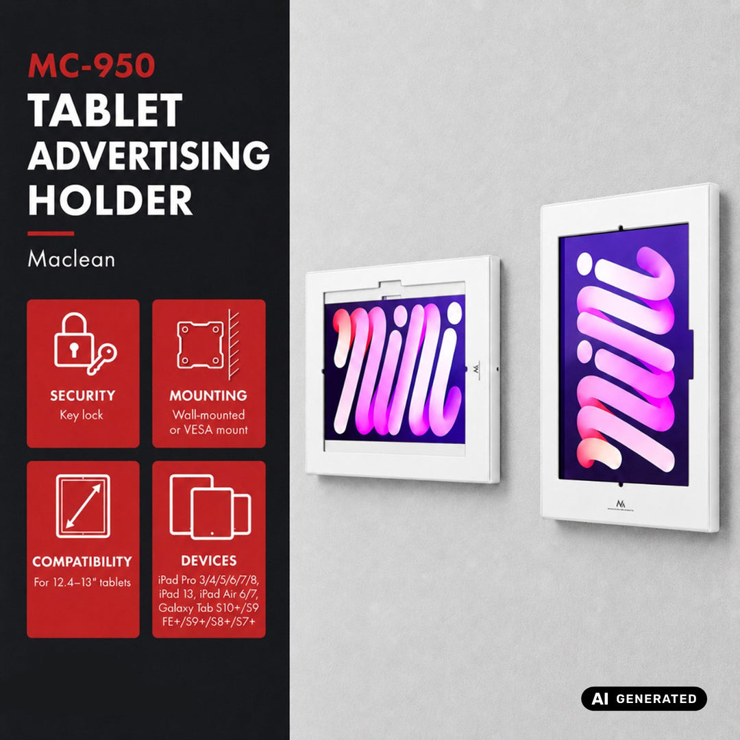 Reklamný držiak na tablet Maclean, s aretáciou, 12,4"–13", iPad Air/Pro, Samsung Tab S10+/S9+/S8+/S7+, 257 × 350 × 22 mm, MC-950 W