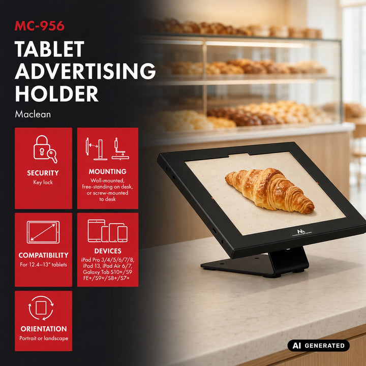 Reklamný držiak na tablet Maclean, s aretáciou, 12,4"–13", iPad Air/Pro, Samsung Tab S10+/S9+/S8+/S7+, 257 × 350 × 22 mm, MC-956 B
