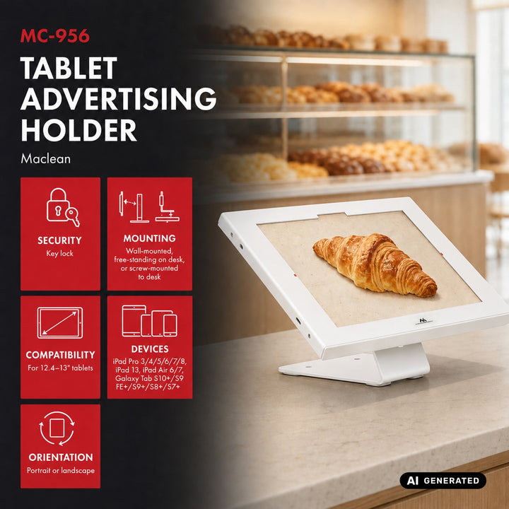 Reklamný držiak na tablet Maclean, s aretáciou, 12,4" – 13", iPad Air/Pro, Samsung Tab S10+/S9+/S8+/S7+, 257 × 350 × 22 mm, MC-956 W