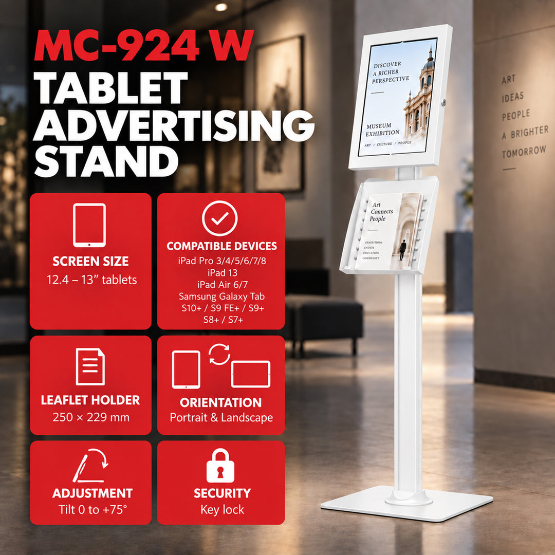 Reklamný držiak na tablet Maclean, s aretáciou, 12,4" – 13", iPad Air/Pro, Samsung Tab S10+/S9+/S8+/S7+, 257 × 350 × 22 mm, MC-924 W