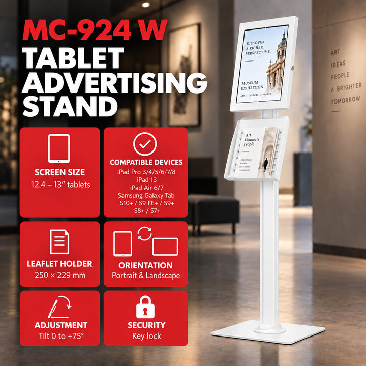 Reklamný držiak na tablet Maclean, s aretáciou, 12,4" – 13", iPad Air/Pro, Samsung Tab S10+/S9+/S8+/S7+, 257 × 350 × 22 mm, MC-924 W