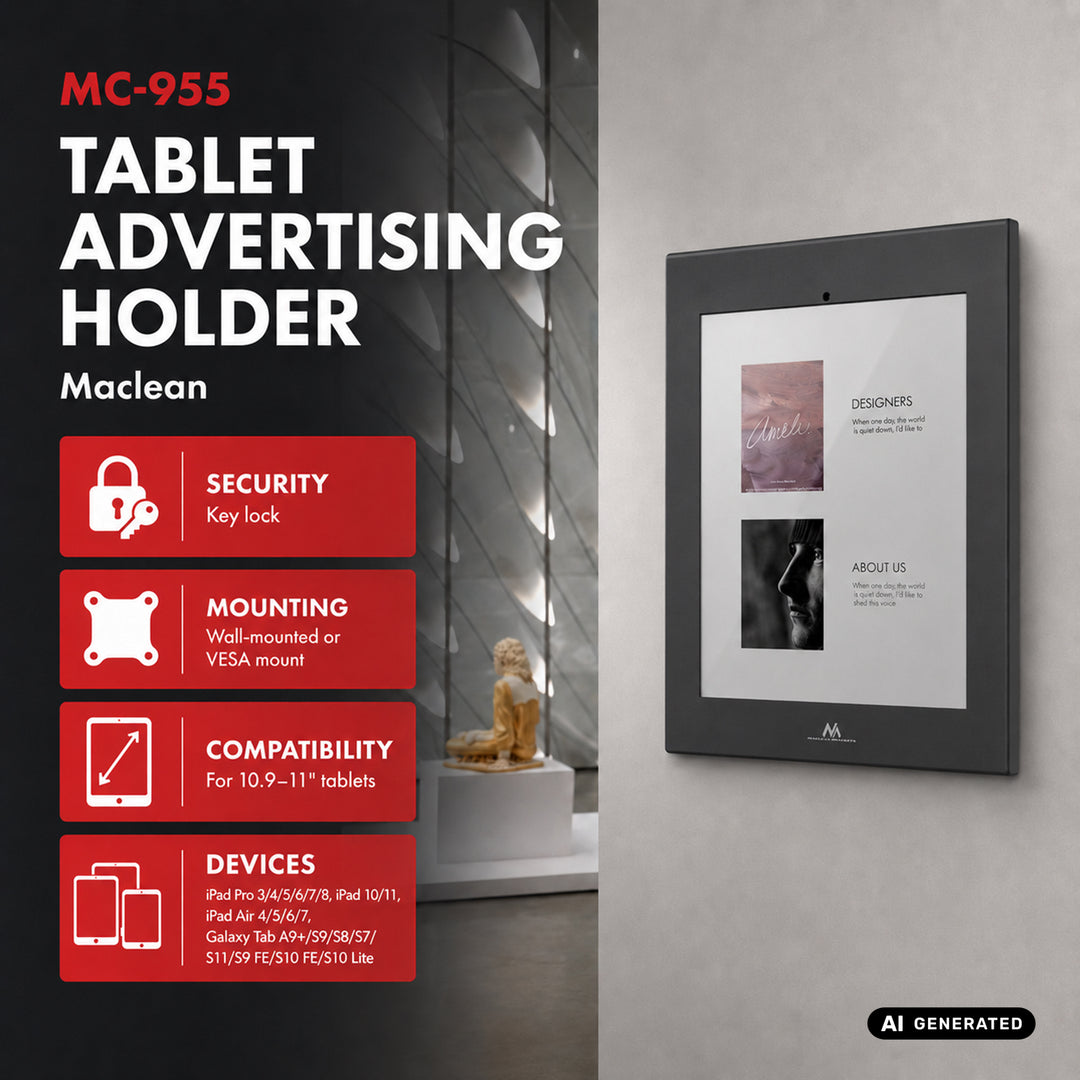 Reklamný držiak na tablet Maclean s aretáciou, 10,9"–11", iPad Air/Pro, Samsung Tab A a S Series, 220 × 323 × 22 mm, MC-955 B