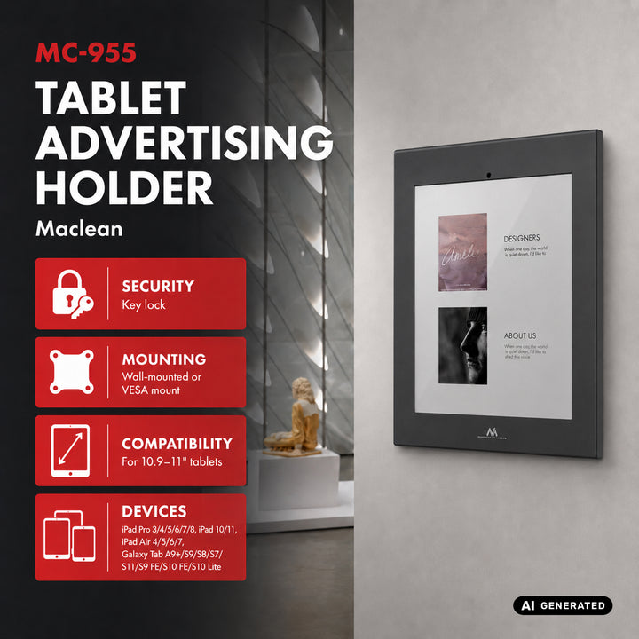 Reklamný držiak na tablet Maclean s aretáciou, 10,9"–11", iPad Air/Pro, Samsung Tab A a S Series, 220 × 323 × 22 mm, MC-955 B