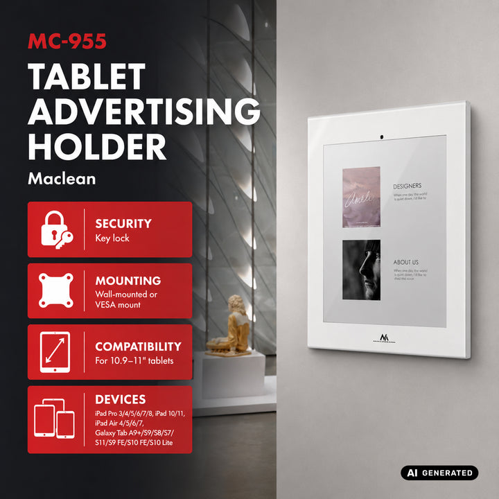Reklamný držiak na tablet Maclean, s aretáciou, 10,9"–11", iPad Air/Pro, Samsung Tab A a S Series, 220 × 323 × 22 mm, MC-955 W