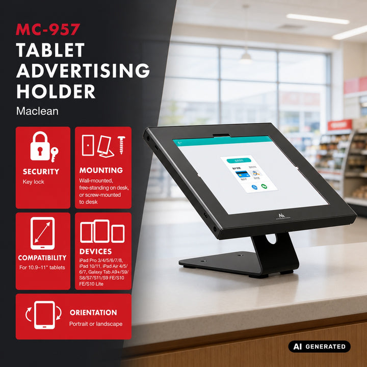Reklamný držiak na tablet Maclean, s aretáciou, 10,9"–11", iPad Air/Pro, Samsung Tab A a S Series, 220 × 323 × 22 mm, MC-957 B