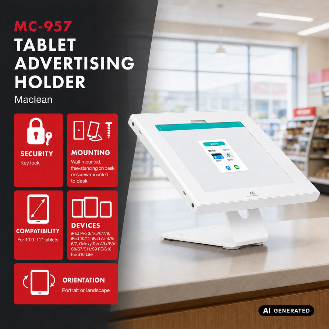 Reklamný držiak na tablet Maclean s aretáciou, 10,9" – 11", iPad Air/Pro, Samsung Tab A a S Series, 220 × 323 × 22 mm, MC-957 W