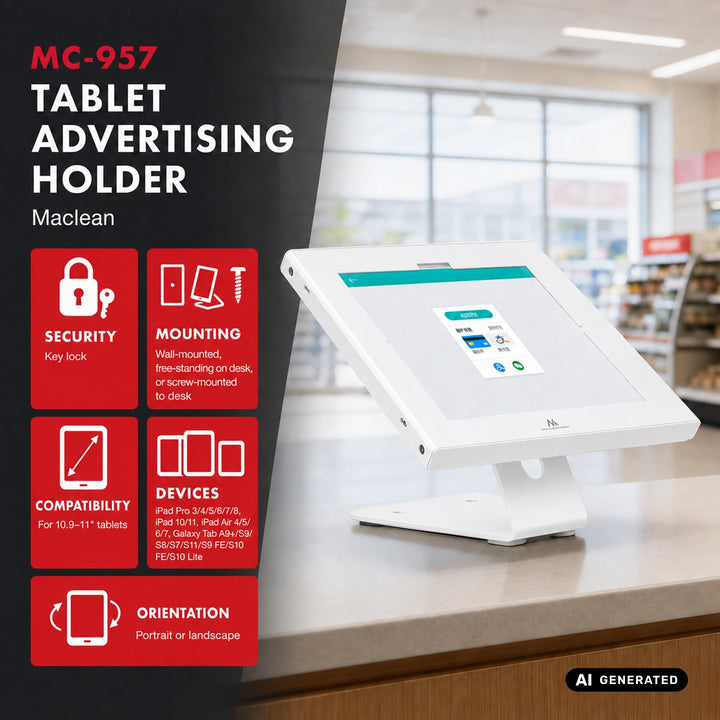 Reklamný držiak na tablet Maclean s aretáciou, 10,9" – 11", iPad Air/Pro, Samsung Tab A a S Series, 220 × 323 × 22 mm, MC-957 W