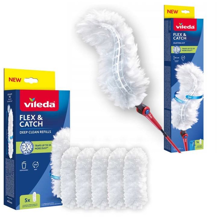 Vileda Flex&Catch lopatka na smeti s dlhou rukoväťou, protisklzovou ochranou, flexibilnou hlavou + 5 náhradných vložiek do lopatky