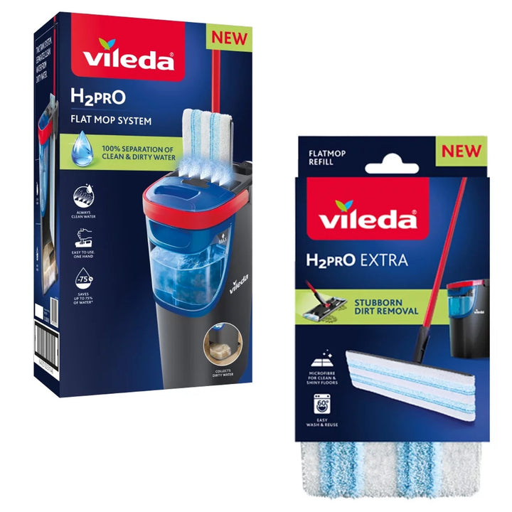 Vileda H2prO plochý mop, 100 % oddelenie čistej a špinavej vody, dve nádrže, 2 mikrovláknové podložky, 360° koncovka, 175774