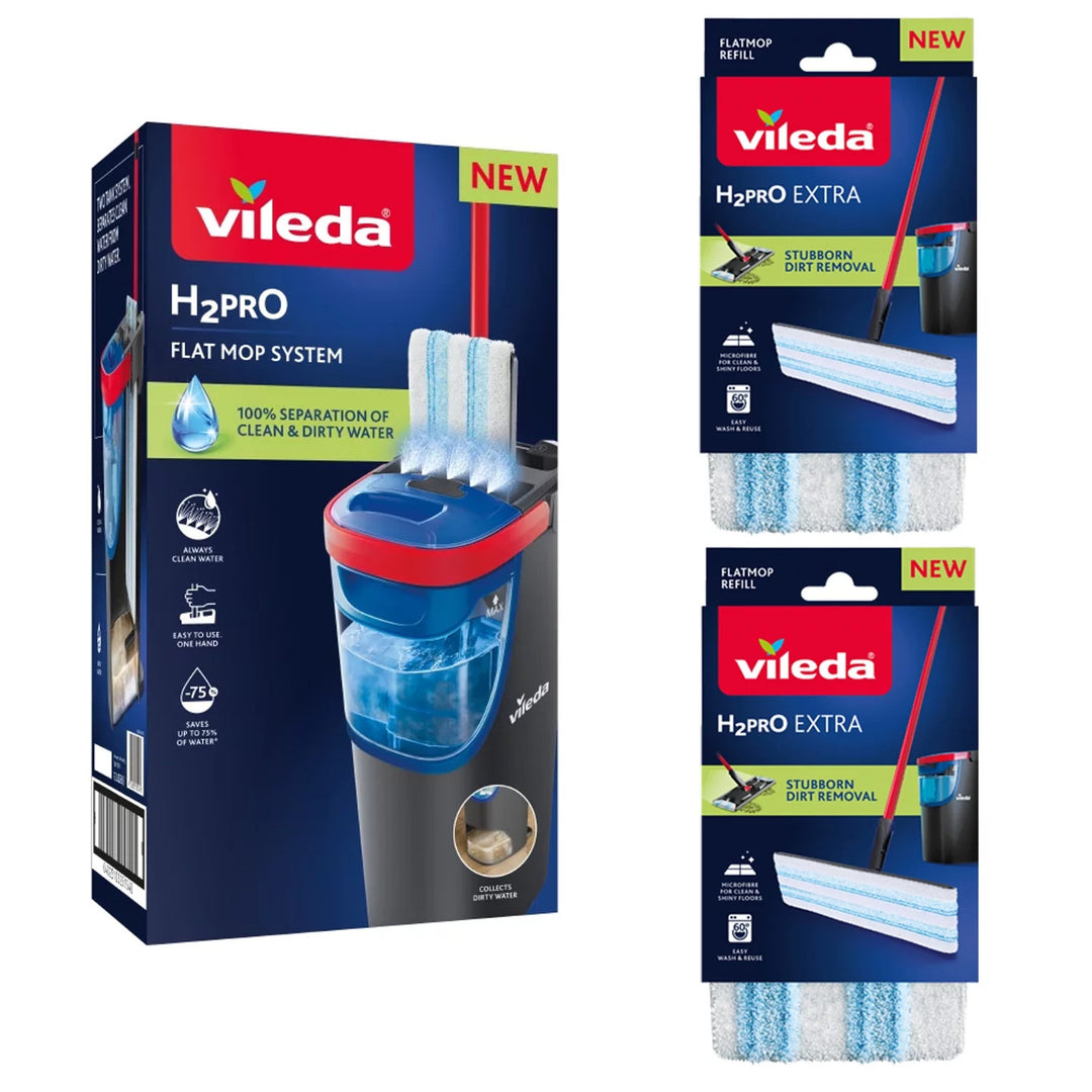 Vileda H2prO plochý mop, 100 % oddelenie čistej a špinavej vody, dve nádrže, 3 mikrovláknové podložky, 360° špička, 175774