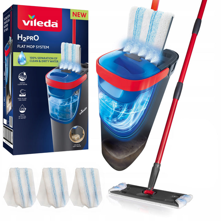 Vileda H2prO plochý mop, 100 % oddelenie čistej a špinavej vody, dve nádrže, 3 mikrovláknové podložky, 360° špička, 175774