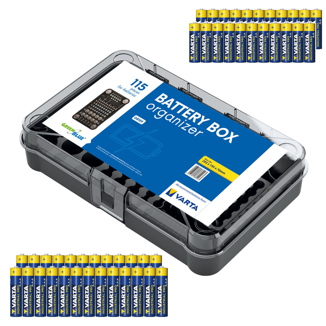 Organizér na batérie GreenBlue Varta Box GB189 + 22 ks priemyselných batérií Varta AA + 25 ks priemyselných batérií Varta AAA