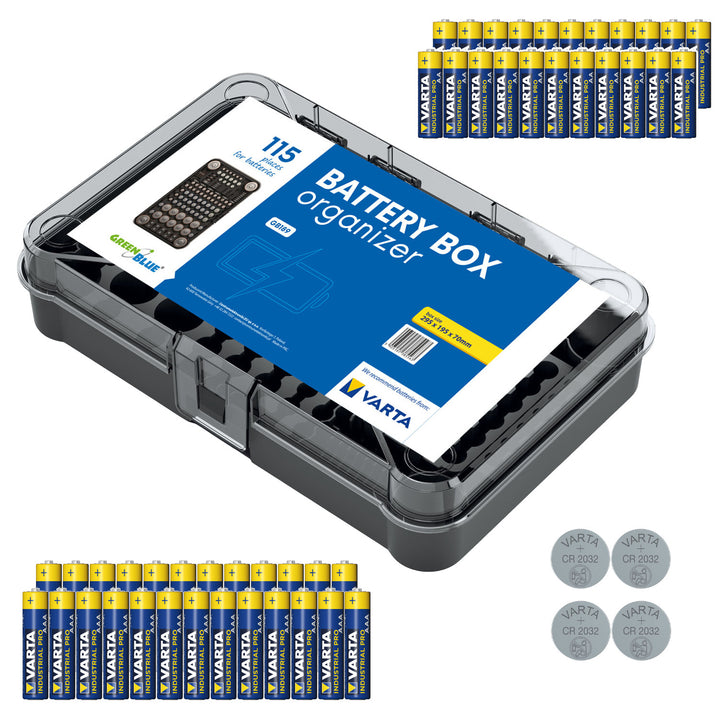 Organizér na batérie GreenBlue Varta Box GB189 + 22 ks priemyselných batérií Varta AA + 25 ks priemyselných batérií Varta AAA + 4 ks lítiových batérií Varta CR2032