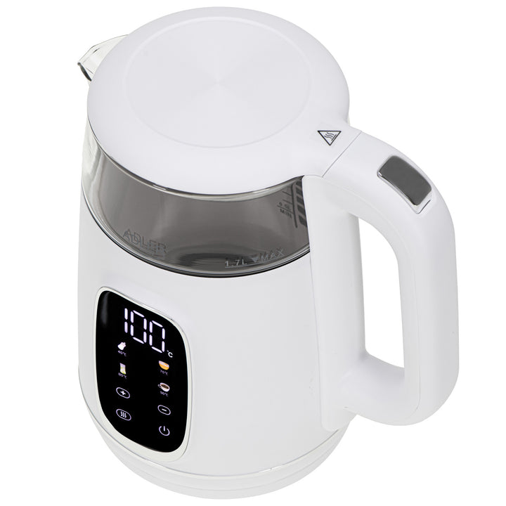 1,7 l sklenená rýchlovarná kanvica s reguláciou teploty, LED, 40–100 °C, Adler AD 1305 WS biela