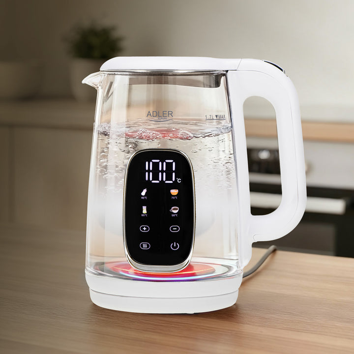 1,7 l sklenená rýchlovarná kanvica s reguláciou teploty, LED, 40–100 °C, Adler AD 1305 WS biela