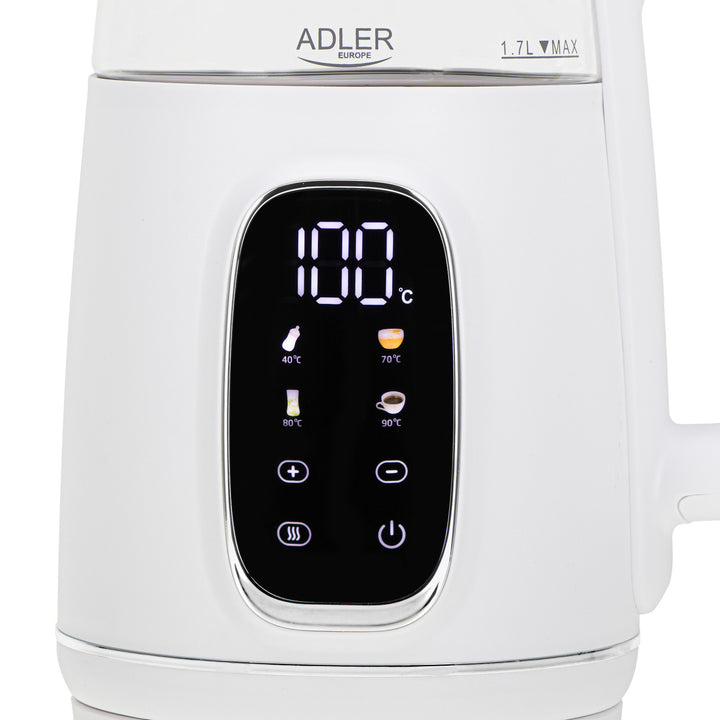 1,7 l sklenená rýchlovarná kanvica s reguláciou teploty, LED, 40–100 °C, Adler AD 1305 WS biela