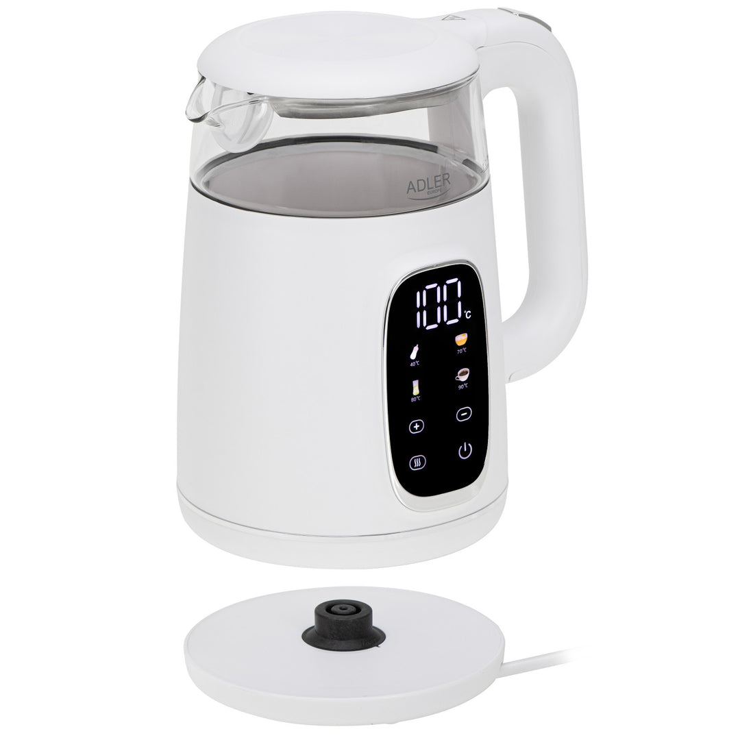 1,7 l sklenená rýchlovarná kanvica s reguláciou teploty, LED, 40–100 °C, Adler AD 1305 WS biela