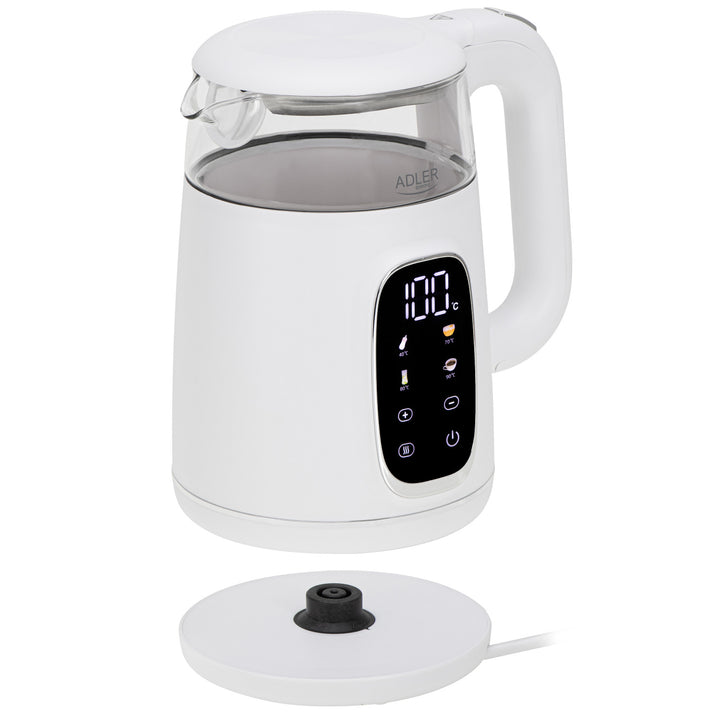 1,7 l sklenená rýchlovarná kanvica s reguláciou teploty, LED, 40–100 °C, Adler AD 1305 WS biela