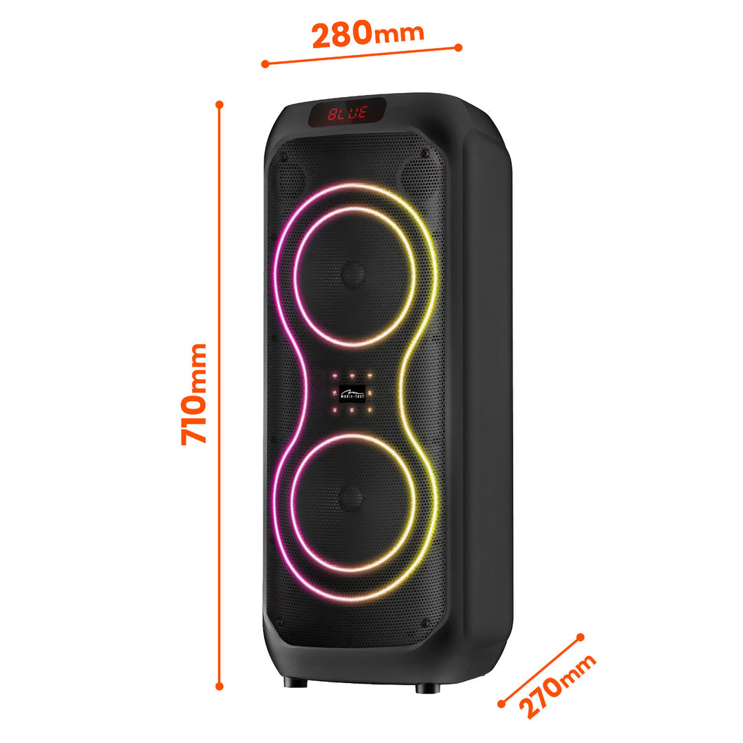 Veľký Bluetooth reproduktor, 120 W RMS/1400 W PMPO, dva 8" reproduktory, ekvalizér, karaoke funkcia, MP3/microSD karty, USB, AUX, BT 5.3+EDR, displej, LED, vstavaná batéria, diaľkové ovládanie, MT3185