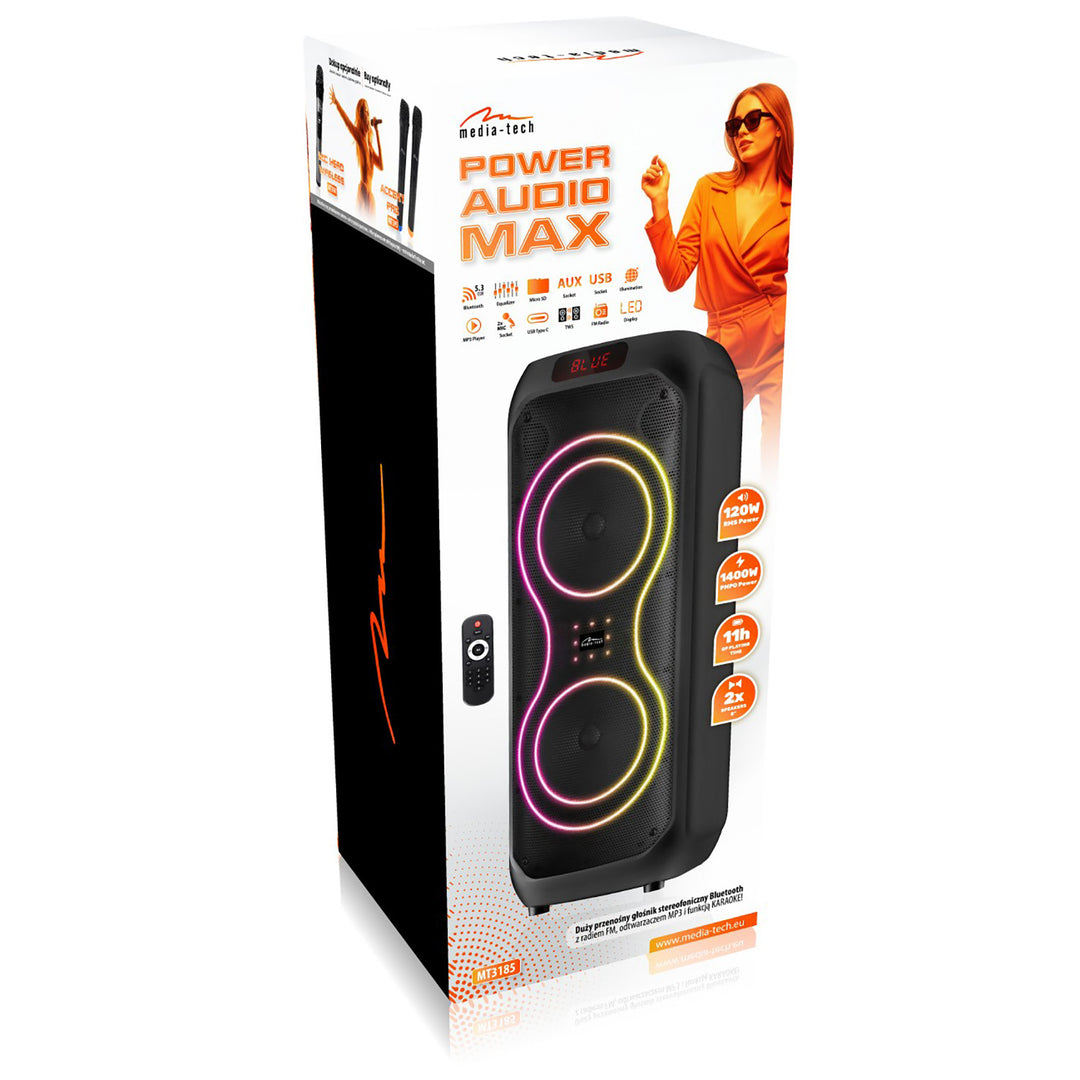 Veľký Bluetooth reproduktor, 120 W RMS/1400 W PMPO, dva 8" reproduktory, ekvalizér, karaoke funkcia, MP3/microSD karty, USB, AUX, BT 5.3+EDR, displej, LED, vstavaná batéria, diaľkové ovládanie, MT3185