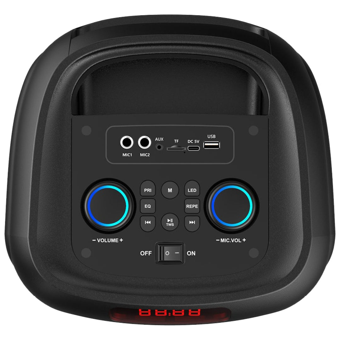 Veľký Bluetooth reproduktor, 120 W RMS/1400 W PMPO, dva 8" reproduktory, ekvalizér, karaoke funkcia, MP3/microSD karty, USB, AUX, BT 5.3+EDR, displej, LED, vstavaná batéria, diaľkové ovládanie, MT3185