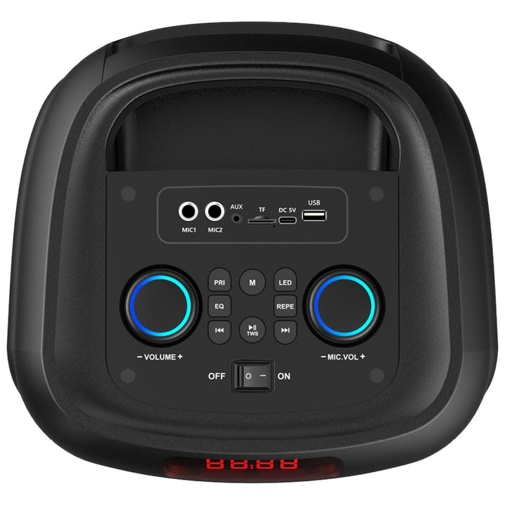 Veľký Bluetooth reproduktor, 120 W RMS/1400 W PMPO, dva 8" reproduktory, ekvalizér, karaoke funkcia, MP3/microSD karty, USB, AUX, BT 5.3+EDR, displej, LED, vstavaná batéria, diaľkové ovládanie, MT3185