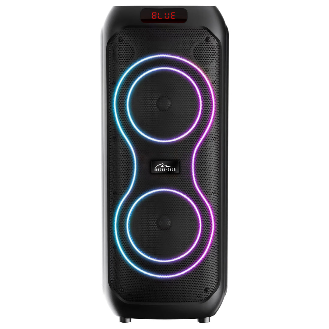 Veľký Bluetooth reproduktor, 120 W RMS/1400 W PMPO, dva 8" reproduktory, ekvalizér, karaoke funkcia, MP3/microSD karty, USB, AUX, BT 5.3+EDR, displej, LED, vstavaná batéria, diaľkové ovládanie, MT3185