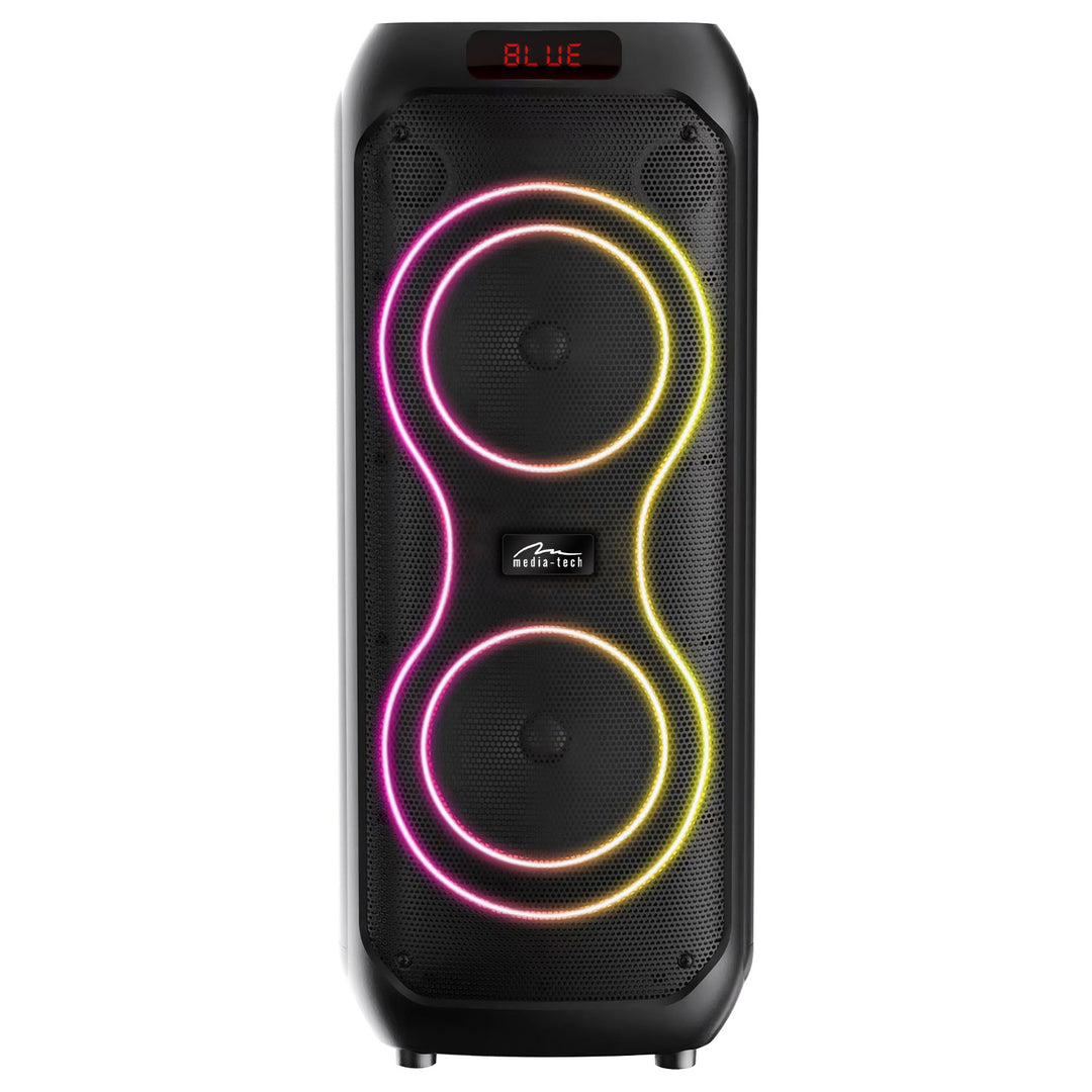 Veľký Bluetooth reproduktor, 120 W RMS/1400 W PMPO, dva 8" reproduktory, ekvalizér, karaoke funkcia, MP3/microSD karty, USB, AUX, BT 5.3+EDR, displej, LED, vstavaná batéria, diaľkové ovládanie, MT3185