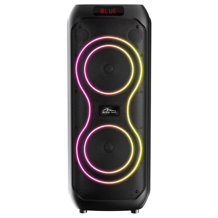 Veľký Bluetooth reproduktor, 120 W RMS/1400 W PMPO, dva 8" reproduktory, ekvalizér, karaoke funkcia, MP3/microSD karty, USB, AUX, BT 5.3+EDR, displej, LED, vstavaná batéria, diaľkové ovládanie, MT3185