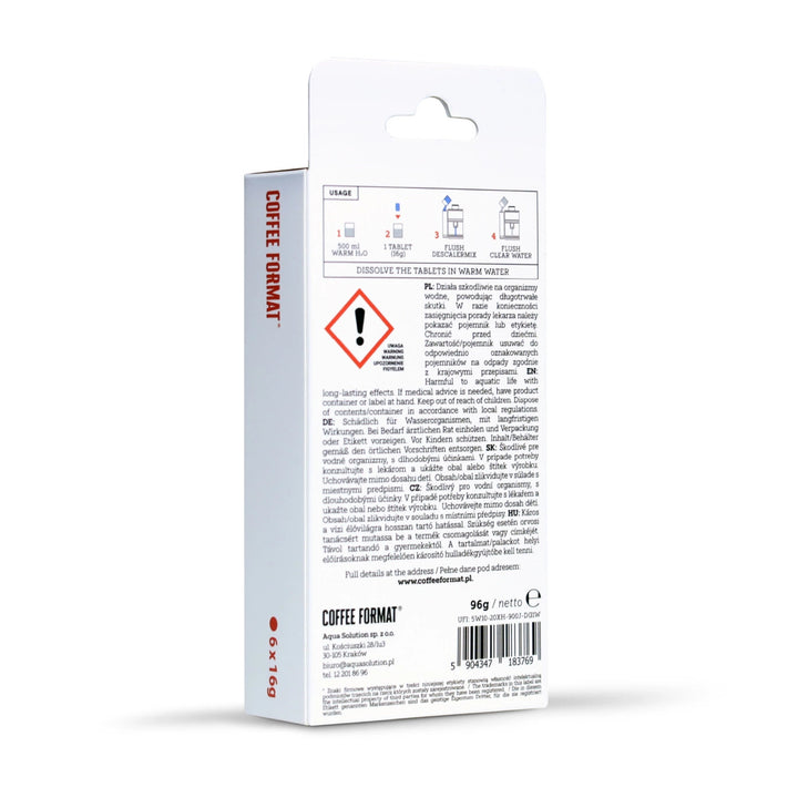 Tablety na odstraňovanie vodného kameňa pre kávovary, Coffee Format Descaler Tab+ 6x16g