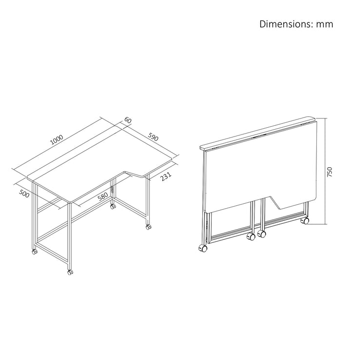 Skladací stôl Maclean, čierny, mobilný, 100 × 65 cm, max. 50 kg, uhlový, tvar L, MC-1250 L/B