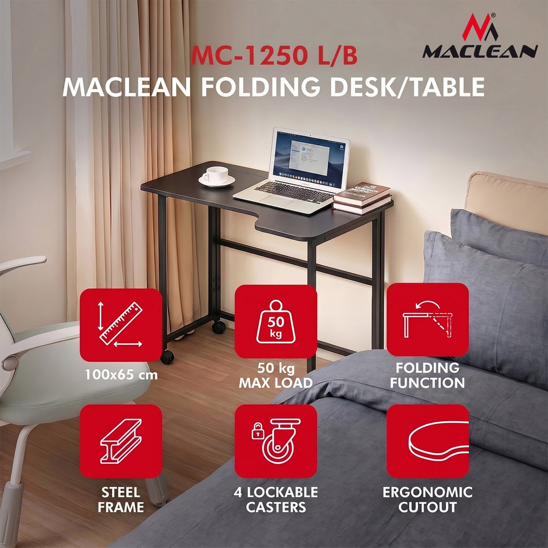 Skladací stôl Maclean, čierny, mobilný, 100 × 65 cm, max. 50 kg, uhlový, tvar L, MC-1250 L/B