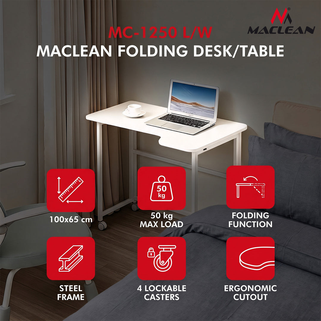 Skladací stôl Maclean, biely, mobilný, 100 × 65 cm, max. 50 kg, rohový, tvar L, MC-1250 L/W