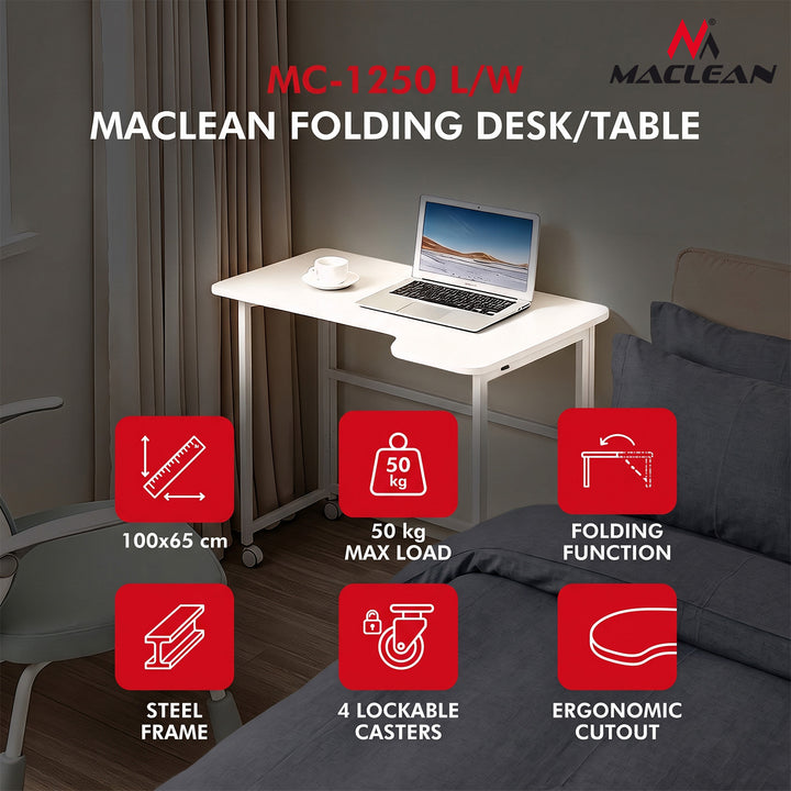Skladací stôl Maclean, biely, mobilný, 100 × 65 cm, max. 50 kg, rohový, tvar L, MC-1250 L/W