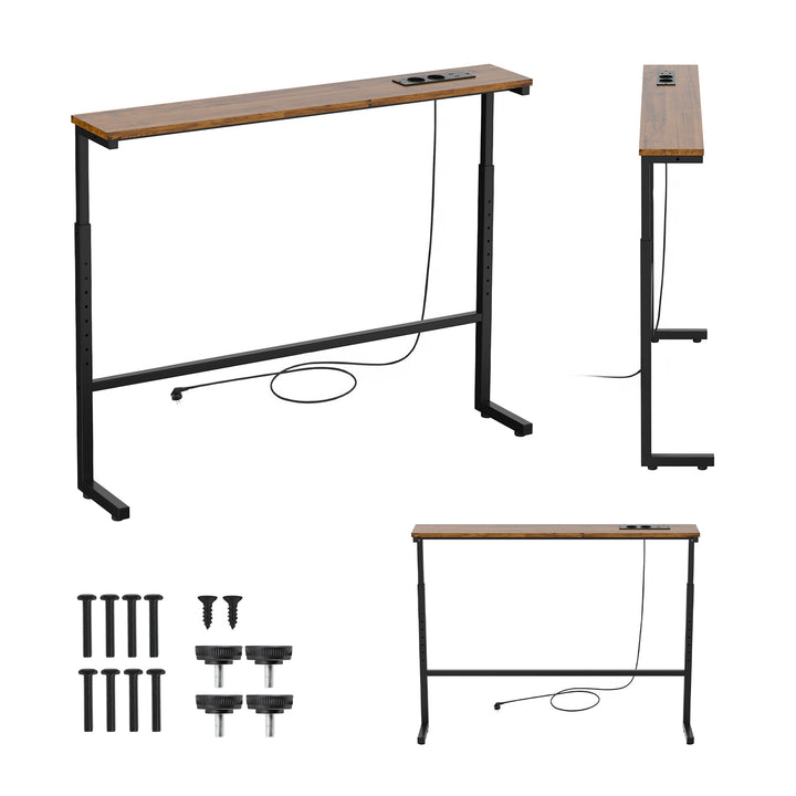 Konzola / stolík s nabíjacou lištou Maclean, čierny s rustikálnou doskou, nastaviteľná výška 62–83 cm, max. 25 kg, kábel 2,5 m, MC-140 B