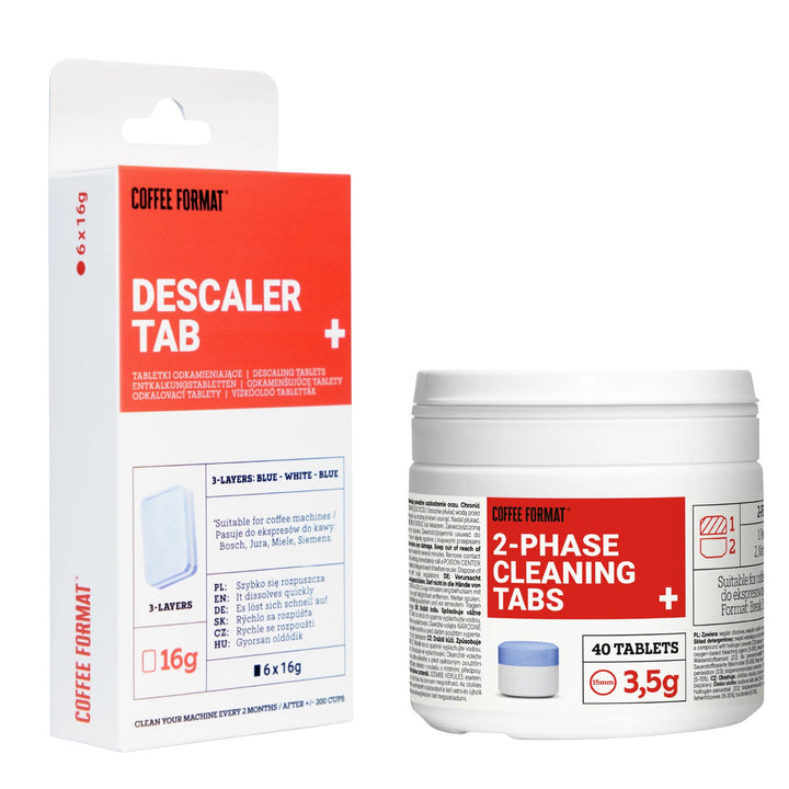 Sada čistiacich tabliet do kávovaru, 2-phase Cleaning TABS+ 40x3,5 g + tablety na odstraňovanie vodného kameňa z kávovarov, Descaler Tab+ 6x16 g