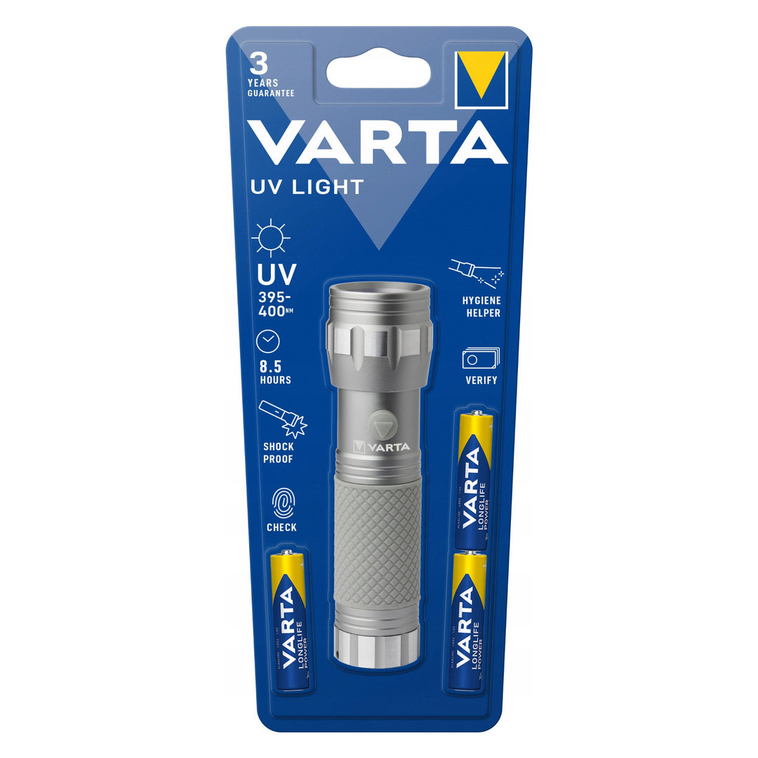 Hands-on UV LED baterka 15638 z hliníka, vlnová dĺžka UV žiarenia 395–400 nm, technológia Multi LED + batérie Varta v balení