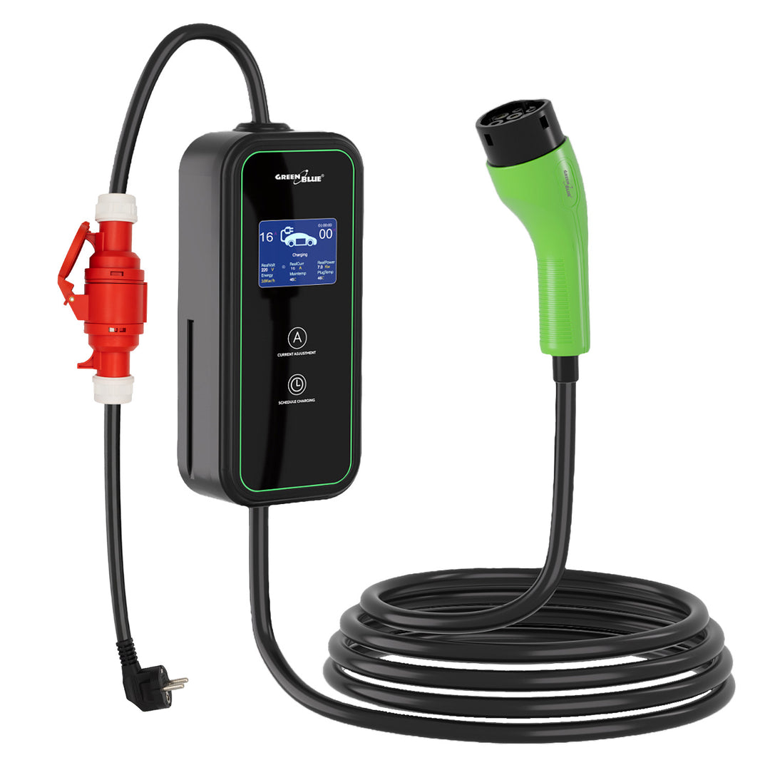 Nabíjačka pre elektromobily (EV) / plug-in hybridy (PHEV) GreenBlue, prenosná, typ 2, dĺžka kábla 6,8 m, IP65, 11 kW, 220–380 V striedavého prúdu, 50/60 Hz, 16 A, 3 fázy, GB1100
