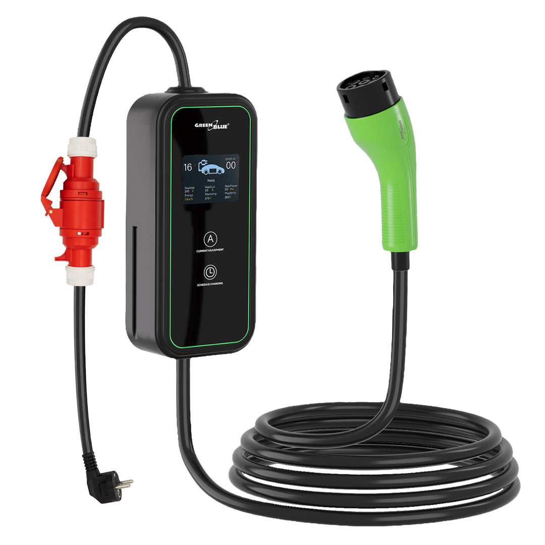 Nabíjačka pre elektromobily (EV) / plug-in hybridy (PHEV) GreenBlue, prenosná, typ 2, dĺžka kábla 6,8 m, IP65, 11 kW, 220–380 V striedavého prúdu, 50/60 Hz, 16 A, 3 fázy, GB1100