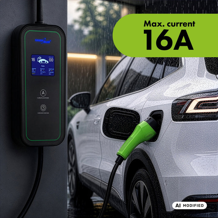 Nabíjačka pre elektromobily (EV) / plug-in hybridy (PHEV) GreenBlue, prenosná, typ 2, dĺžka kábla 6,8 m, IP65, 11 kW, 220–380 V striedavého prúdu, 50/60 Hz, 16 A, 3 fázy, GB1100