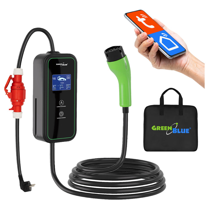 Nabíjačka pre elektromobily (EV) / plug-in hybridy (PHEV) GreenBlue, prenosná, typ 2, dĺžka kábla 6,8 m, IP65, 11 kW, 220–380 V striedavého prúdu, 50/60 Hz, 16 A, 3 fázy, GB1100