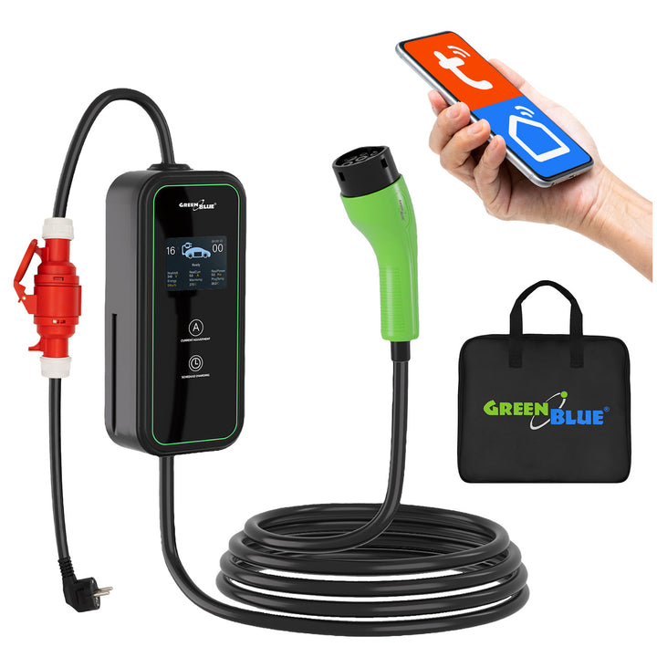 Nabíjačka pre elektromobily (EV) / plug-in hybridy (PHEV) GreenBlue, prenosná, typ 2, dĺžka kábla 6,8 m, IP65, 11 kW, 220–380 V striedavého prúdu, 50/60 Hz, 16 A, 3 fázy, GB1100