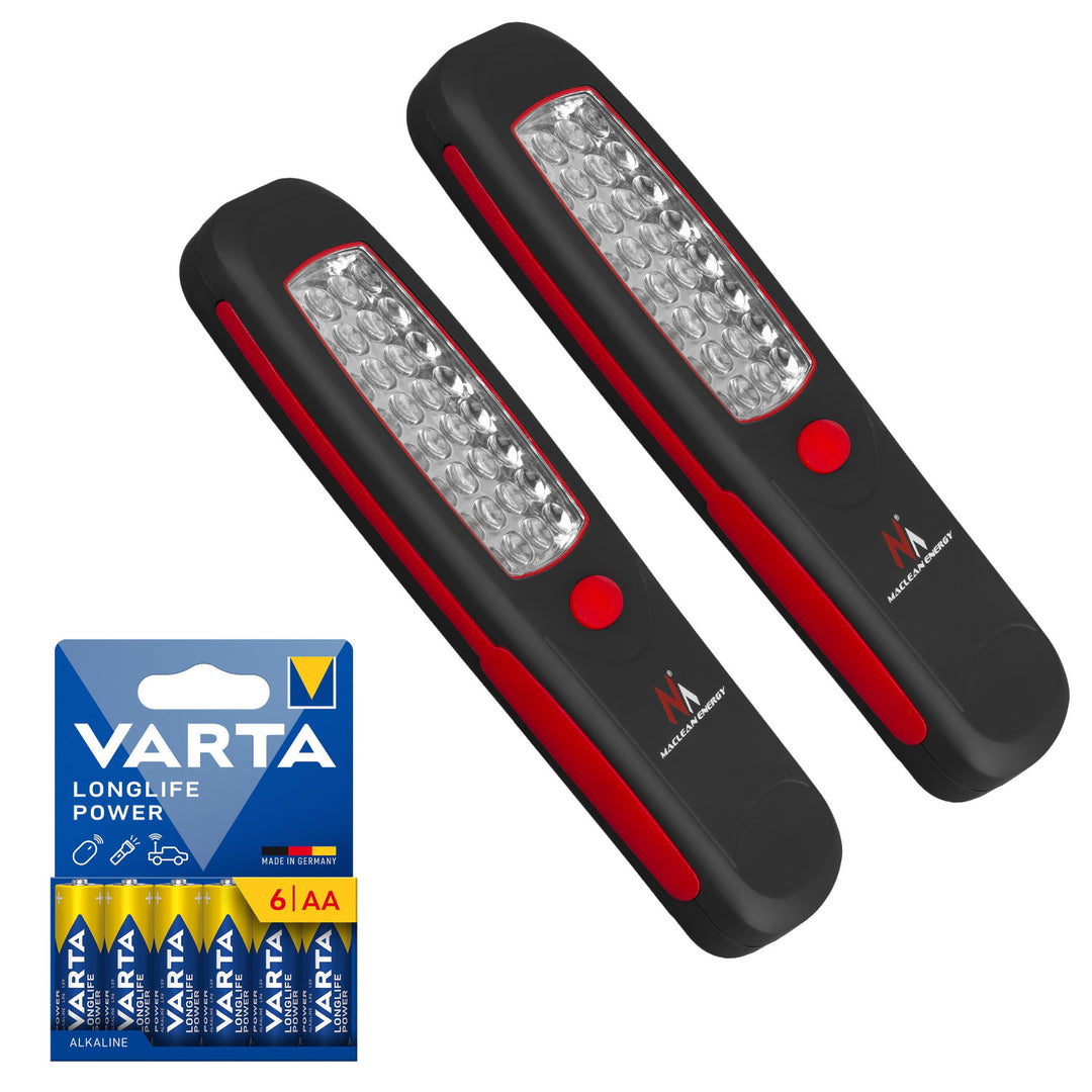 2x dielenská lampa Maclean s 24 LED diódami, magnet, háčik, MCE03 + 6x batéria R-06 R06 AA LR06 1,5 V VARTA Longlife Power