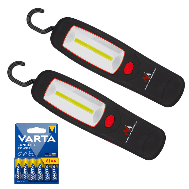 2x dielenská lampa COB LED Maclean, magnet, háčik, MCE03 + 6x batéria R-06 R06 AA LR06 1,5 V VARTA Longlife Power
