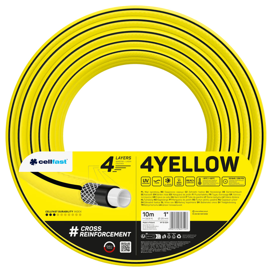 Záhradná hadica Cellfast, 4-vrstvová, odolná voči UV žiareniu, priemer 1", dĺžka 10 m, 4YELLOW