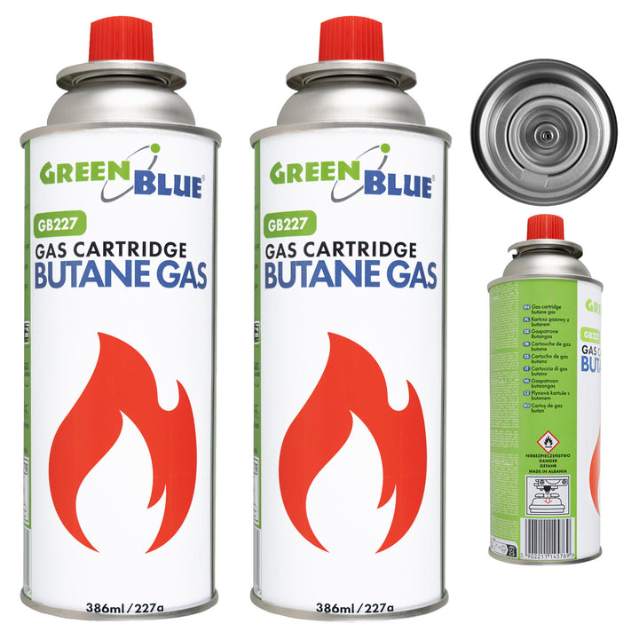 2x plynová náplň 227 g GreenBlue. Certifikát: Pi 0875, v súlade s normou EN 417, bután, prevádzkový rozsah -10 °C až +40 °C, GB227