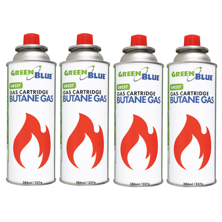 4x plynová náplň 227 g GreenBlue. Certifikát: Pi 0875, v súlade s normou EN 417, bután, prevádzkový rozsah -10 °C až +40 °C, GB227