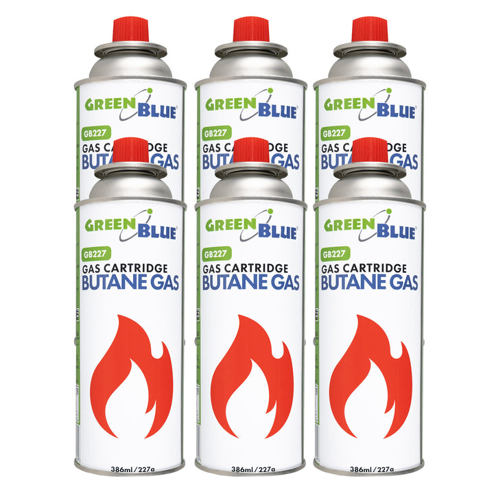 6x plynová náplň 227 g GreenBlue. Certifikát: Pi 0875, v súlade s normou EN 417, bután, prevádzkový rozsah -10 °C až +40 °C, GB227